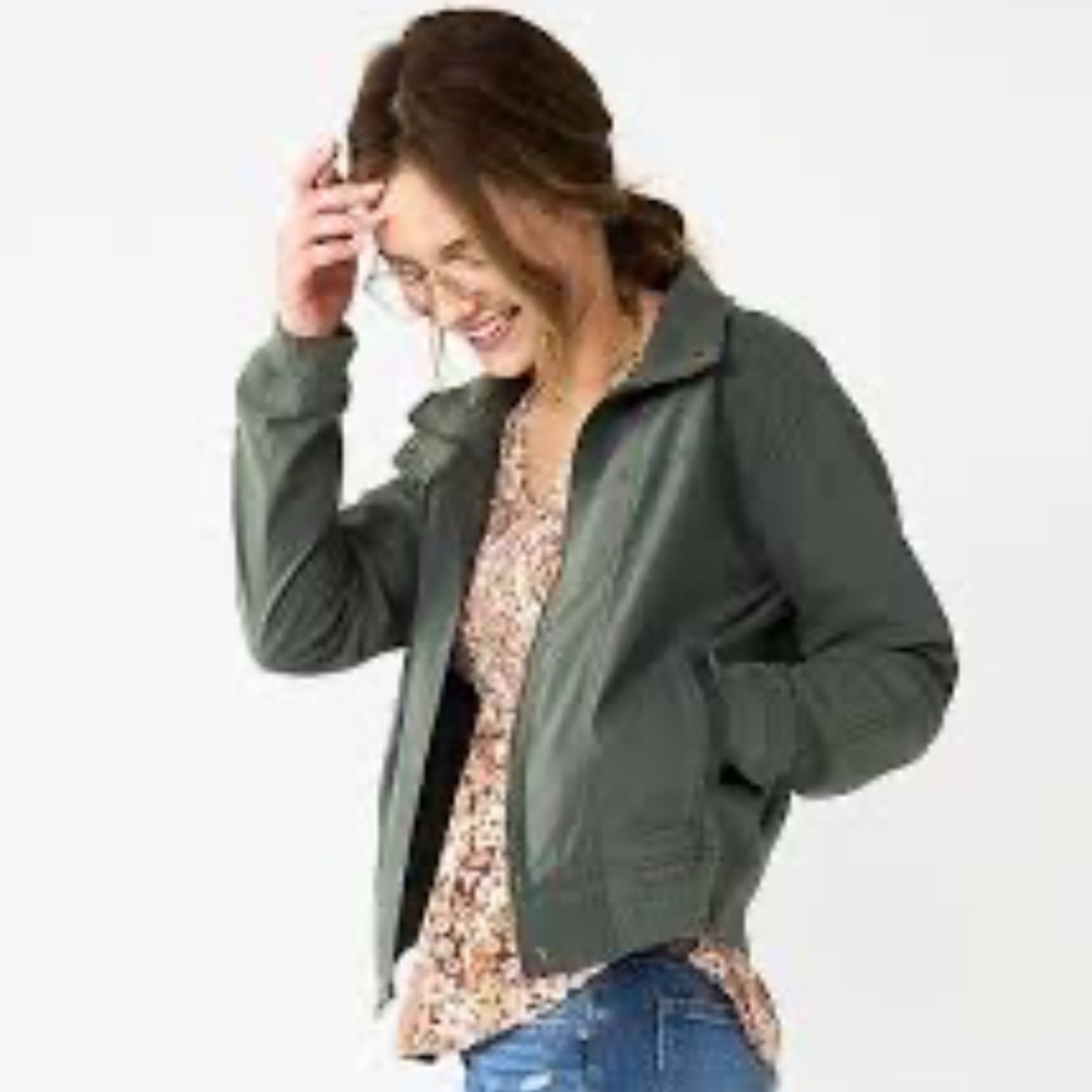 Women's Bomber Jacket Size Medium Olive Green Full Zip Pockets Lightweight